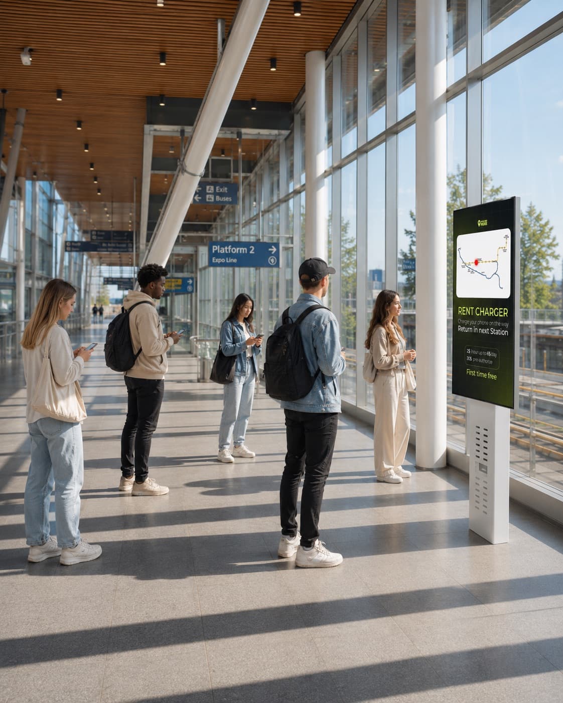 People in a bright Vancouver transit station beside a digital information display
