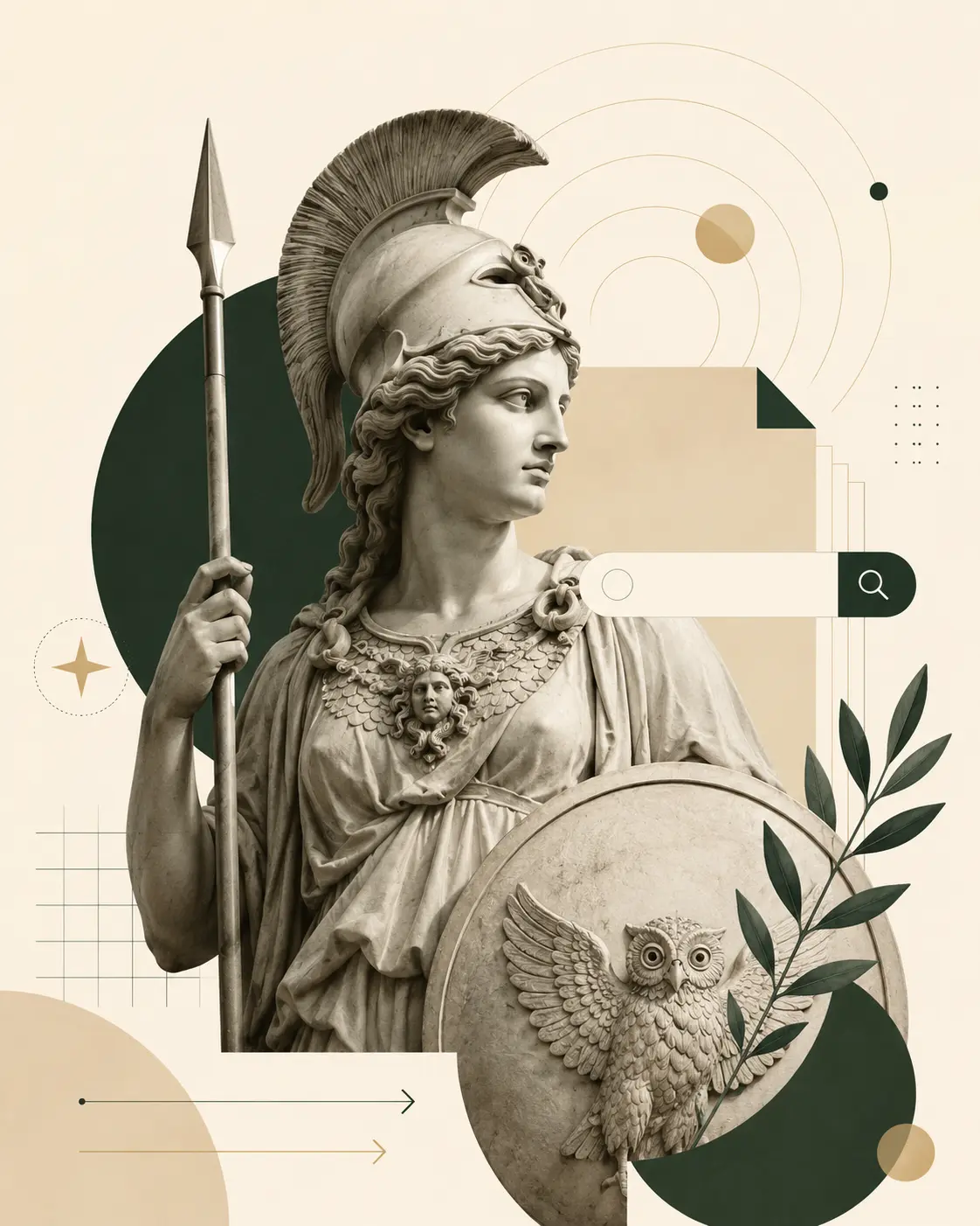 Classical figure beside a magnified search symbol